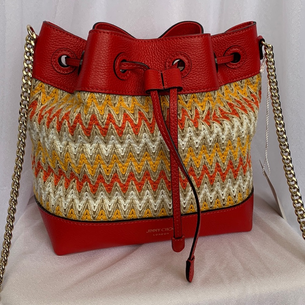 Brand New Jimmy Choo Luzetta Bucket Bag in Red Leather and Raffia